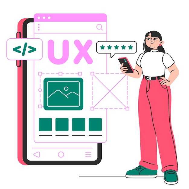 Vector mobile app user experience development and review concept illustration
