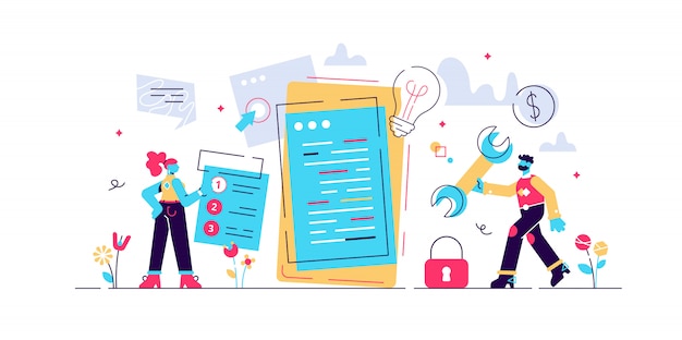 Vector mobile application development process flat illustration. software api prototyping and testing background. smartphone interface building process, mobile app build