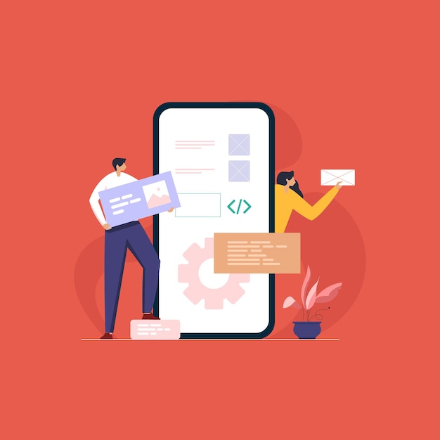 Vector mobile application development software developer or ui ux designer working with program code