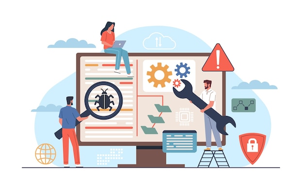 Vector mobile application testers finding and correcting errors in software checking for bugs and artifacts teamwork tiny people and huge screen nowaday vector web development concept
