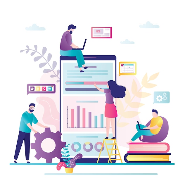 Vector mobile data analysis management app consulting or business project various web analytics teamwork