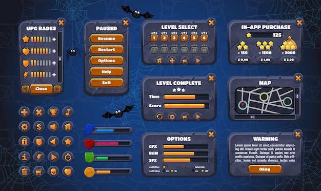 Vector mobile game graphical user interface gui. design, buttons and icons.