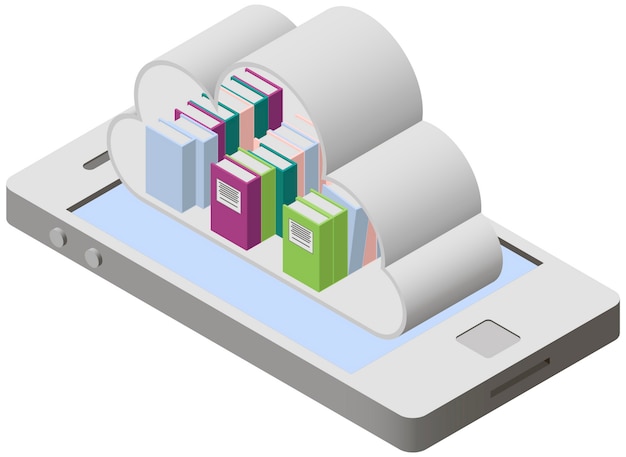 Vector mobile library on screen smartphone in isometric style.