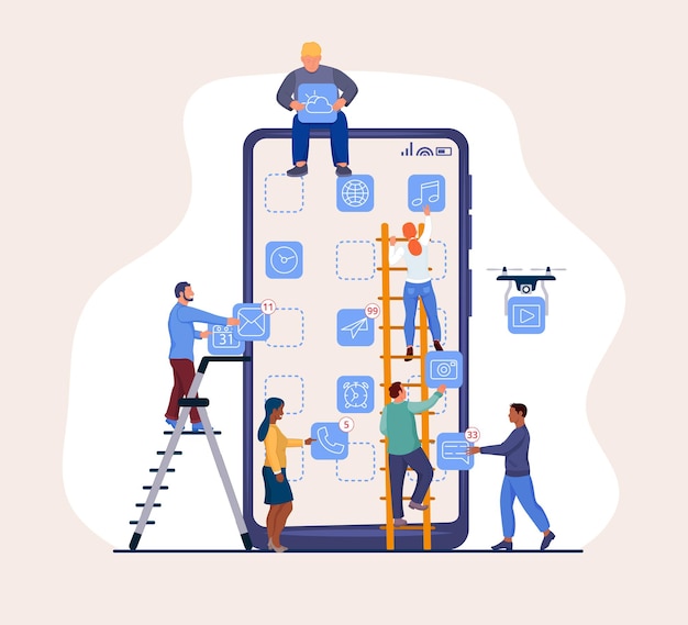 Vector mobile phone app user interface gadget software development. developer, designer and programmer people team with drone cooperation create interactive smartphone ui vector illustration
