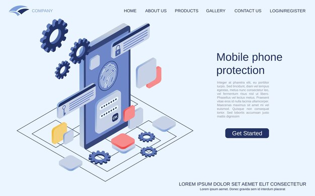 Vector mobile phone protection computer security access control flat 3d isometric style vector concept