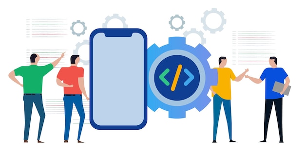 Vector mobile smartphone application apps programming coding development icon symbol of gear line of code or script and programmer developer