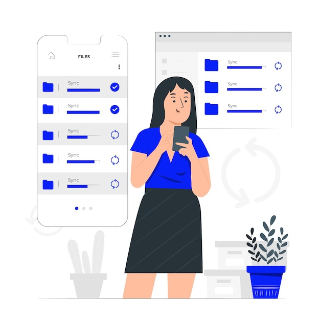 Vector mobile syncing files user with smartphone and data synchronization interface