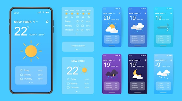Vector mobile weather app interface design gui elements for weather forecast mobile app realistic phone temperature weather condition user interface generator ui ux toolkit vector illustration