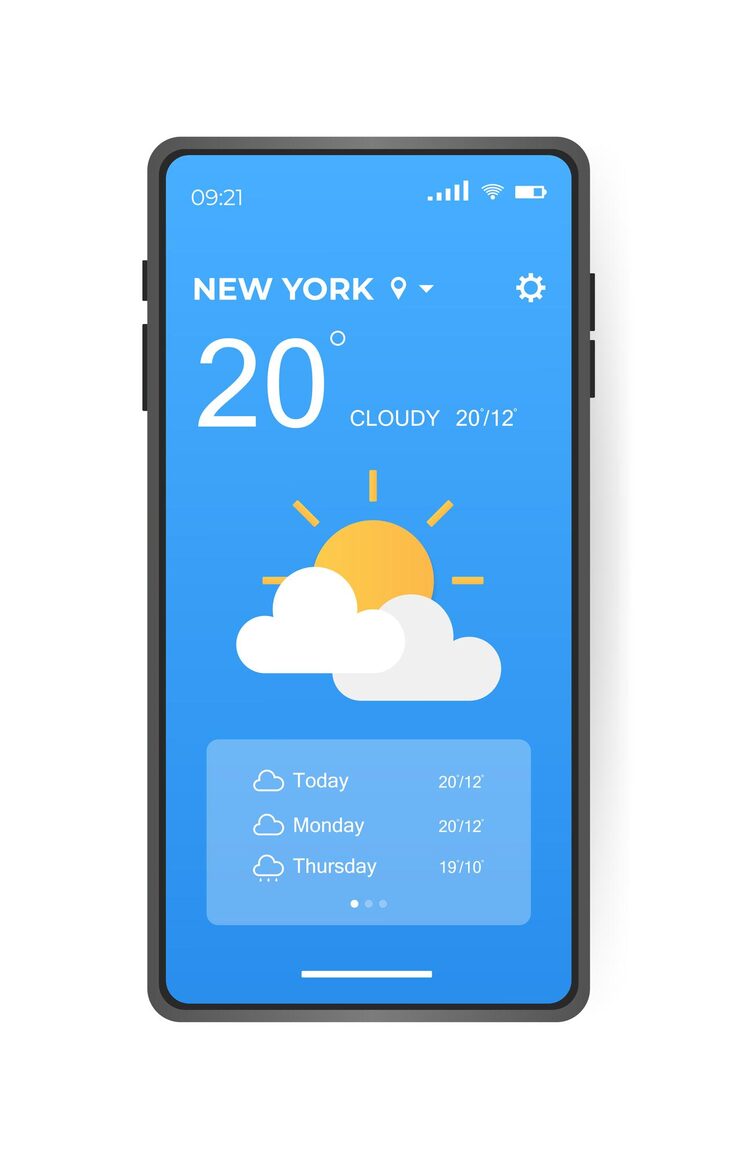 Mobile weather app interface design GUI elements for weather forecast mobile app Realistic phone Temperature weather condition user interface generator Ui ux toolkit vector illustration