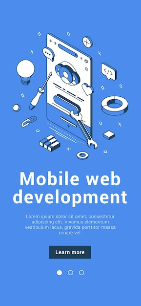 Vector mobile web application development debug smartphone screen testing usability interface website software banner isometric vector illustration. coding programming cyberspace analyzing site construction
