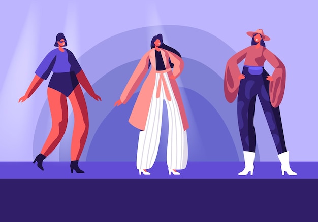 Vector model girls in fashioned haute couture clothing walking on runway demonstrating new collection of apparel. cartoon flat  illustration