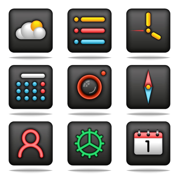 Vector modern black glossy 3d icons set colorful 3d symbols for various app interfaces including weather navigation calendar notes clock user settings ideal for digital and mobile ui design projects