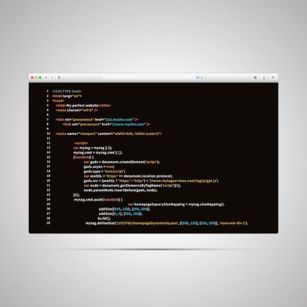 Vector modern browser with simple html code of web page