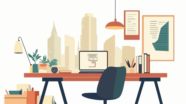 Vector modern cozy workspace with panoramic city view vector illustration