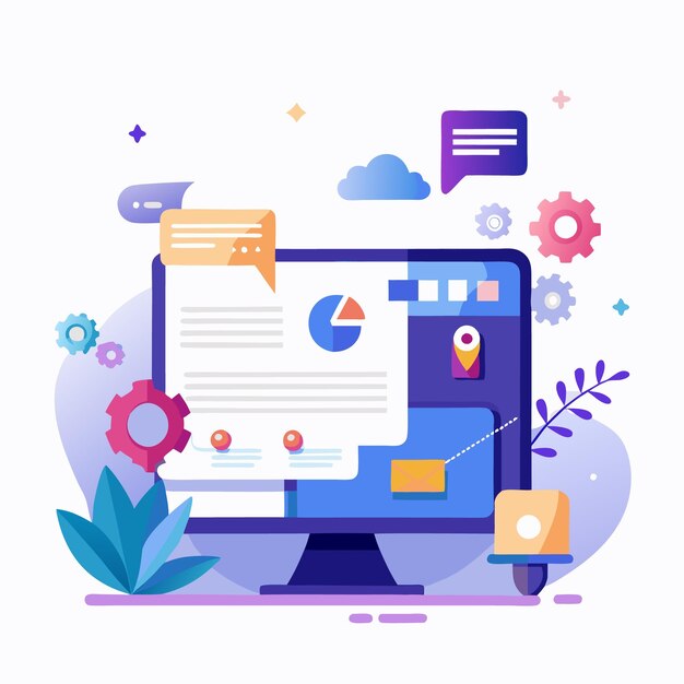 Vector modern desktop computer with open windows a chart a document and a map on the screen