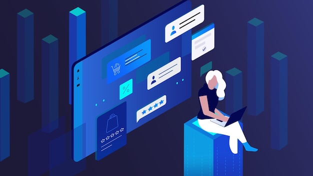 Vector modern digital workspace with data visualization and user interaction elements