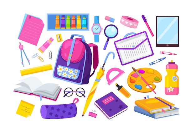 Vector modern education elements and school tools isolated on white background.