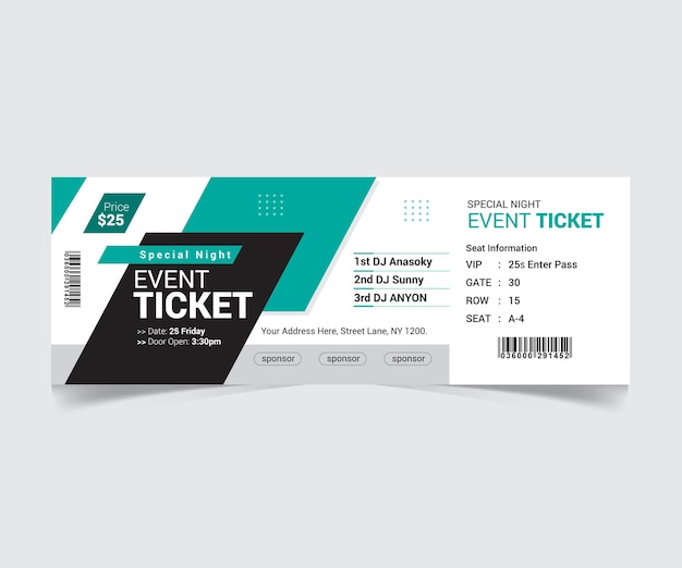 Vector modern event ticket design for special night with dj lineup