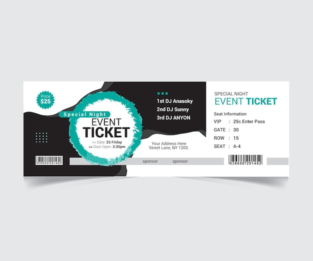 Vector modern event ticket for special night with dj lineup