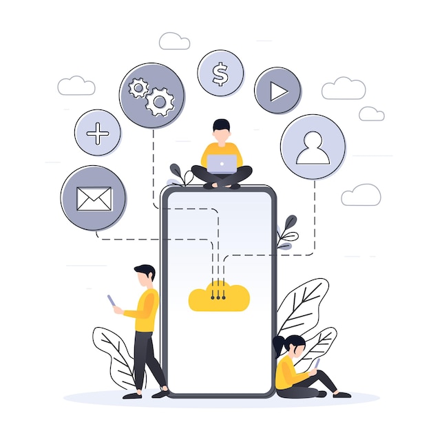 Vector modern flat design of cloud technology for banner and website. small people with smartphone. cloud computing service online media file data backup storage. vector concept illustration.