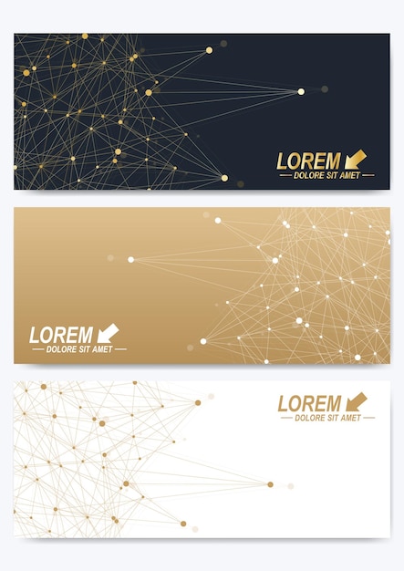 Vector modern golden set of vector banners modern stylish polygonal pattern with connected line and dots mo...
