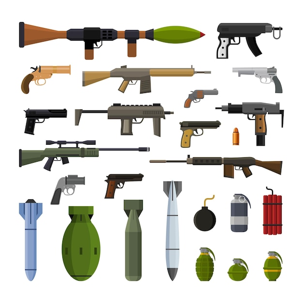 Vector modern gun and bomb weapons set design elements
