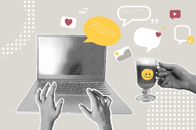 Vector modern halftone collage workspace concept with coffee and laptopspeech bubblesconcept of employee