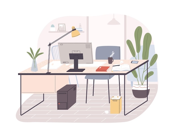 Vector modern home office interior. remote workplace with desk, chair, computer and potted plants. front view of empty working place with furniture. flat vector illustration isolated on white background.