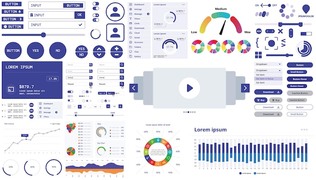 Vector a modern interface kit with buttons graphs and elements for creating web applications and dashboards