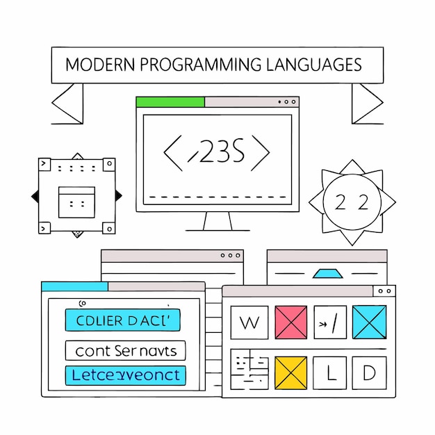 Vector modern programming languages in action displaying code and development tools