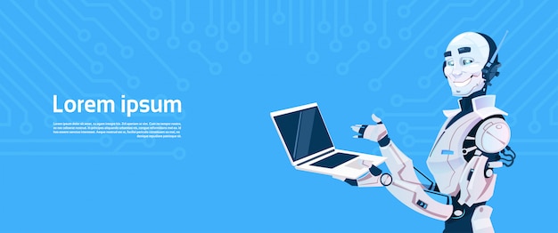 Vector modern robot using laptop computer, futuristic artificial intelligence mechanism technology