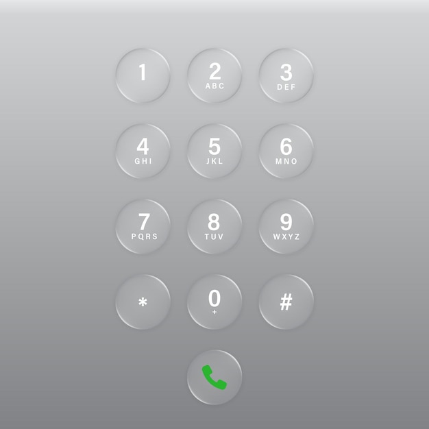 Vector modern smartphone dial keypad buttons in the style of liquid glass and glossy surface phone numbers panel user interface element for ui ux design transparent frame and button vector illustration