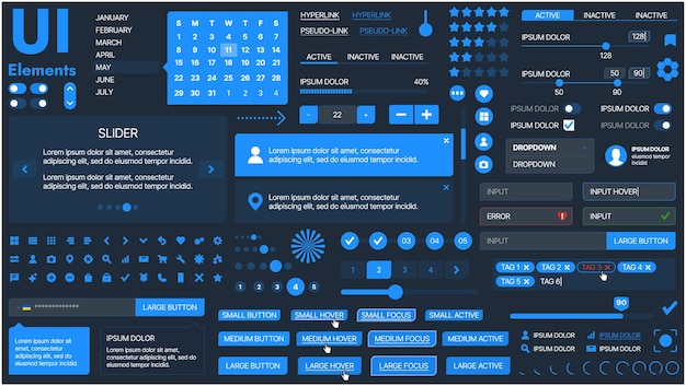 Vector a modern ui kit featuring a collection of buttons icons navigation menus and responsive design elements includes login forms media players search bars and calendars ideal for apps websites