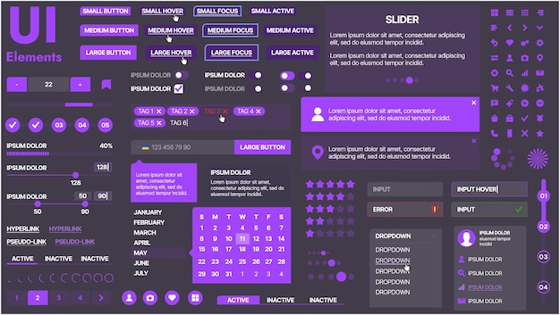 Vector a modern ui kit featuring a collection of buttons icons navigation menus and responsive design elements includes login forms media players search bars and calendars ideal for apps websites