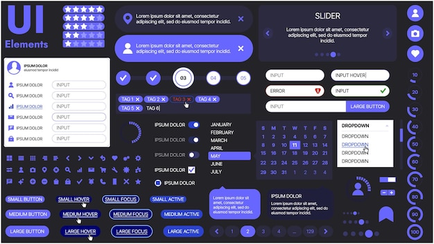 Vector a modern ui kit featuring a collection of buttons icons navigation menus and responsive design elements includes login forms media players search bars and calendars ideal for apps websites