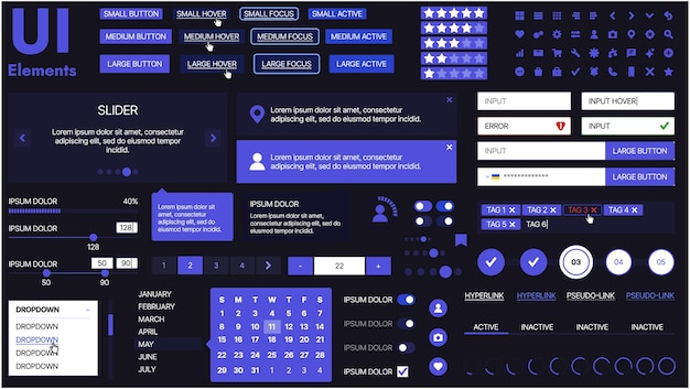 Vector a modern ui kit featuring a collection of buttons icons navigation menus and responsive design elements includes login forms media players search bars and calendars ideal for apps websites