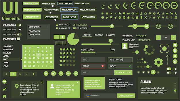 Vector a modern ui kit featuring a collection of buttons icons navigation menus and responsive design elements includes login forms media players search bars and calendars ideal for apps websites