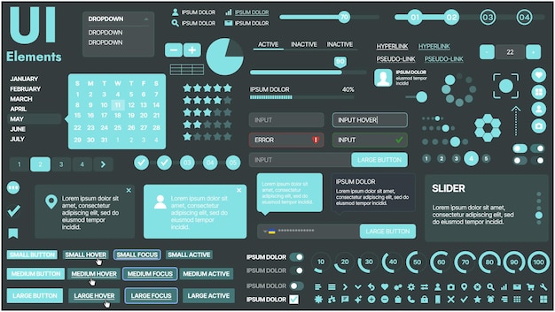 Vector a modern ui kit featuring a collection of buttons icons navigation menus and responsive design elements includes login forms media players search bars and calendars ideal for apps websites