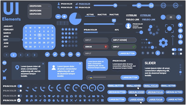 Vector a modern ui kit featuring a collection of buttons icons navigation menus and responsive design elements includes login forms media players search bars and calendars ideal for apps websites