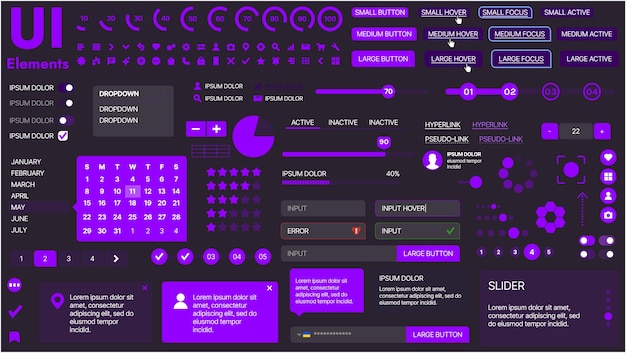 Vector a modern ui kit featuring a collection of buttons icons navigation menus and responsive design elements includes login forms media players search bars and calendars ideal for apps websites