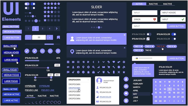 Vector a modern ui kit featuring a collection of buttons icons navigation menus and responsive design elements includes login forms media players search bars and calendars ideal for apps websites
