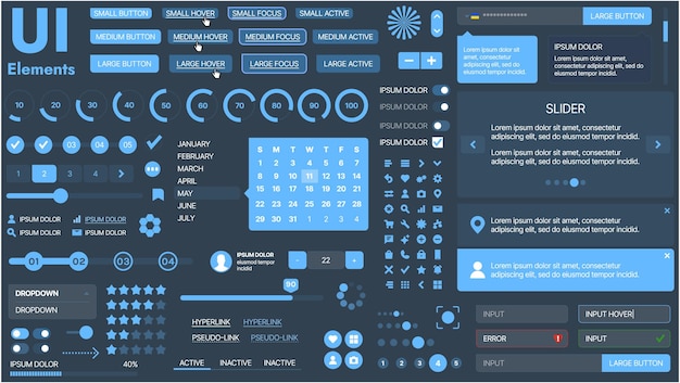 Vector a modern ui kit featuring a collection of buttons icons navigation menus and responsive design elements includes login forms media players search bars and calendars ideal for apps websites