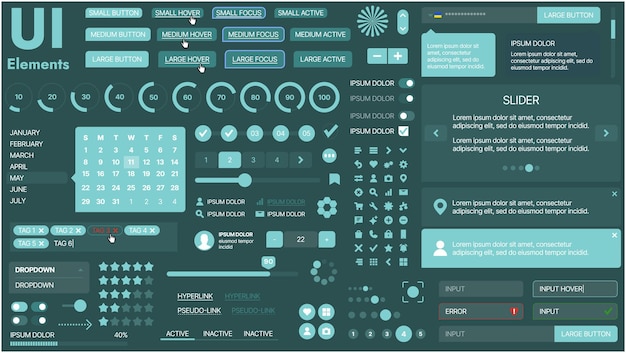 Vector a modern ui kit featuring a collection of buttons icons navigation menus and responsive design elements includes login forms media players search bars and calendars ideal for apps websites