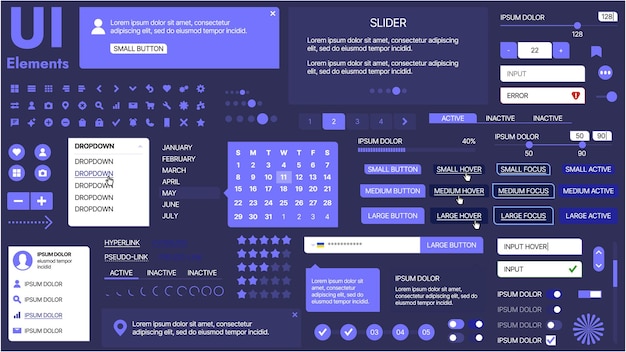 Vector a modern ui kit featuring a collection of buttons icons navigation menus and responsive design elements includes login forms media players search bars and calendars ideal for apps websites
