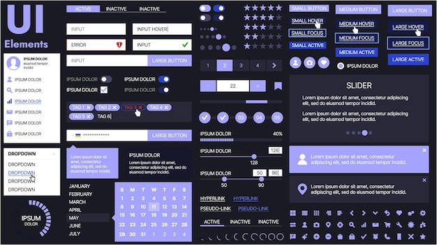 Vector a modern ui kit featuring a collection of buttons icons navigation menus and responsive design elements includes login forms media players search bars and calendars ideal for apps websites