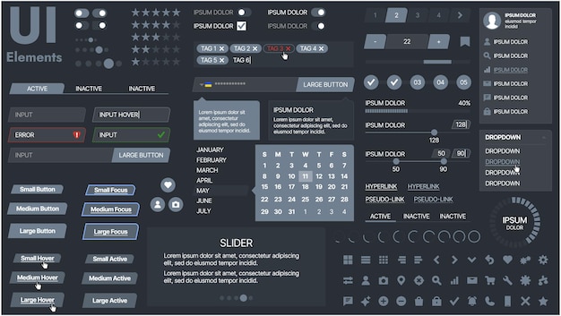 Vector a modern ui kit featuring a collection of buttons icons navigation menus and responsive design elements includes login forms media players search bars and calendars ideal for apps websites