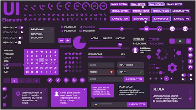 Vector a modern ui kit featuring a collection of buttons icons navigation menus and responsive design elements includes login forms media players search bars and calendars ideal for apps websites