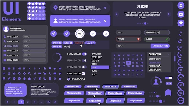 Vector a modern ui kit featuring a collection of buttons icons navigation menus and responsive design elements includes login forms media players search bars and calendars ideal for apps websites