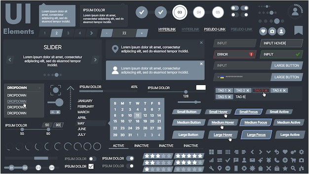 Vector a modern ui kit featuring a collection of buttons icons navigation menus and responsive design elements includes login forms media players search bars and calendars ideal for apps websites