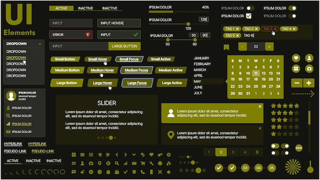 Vector a modern ui kit featuring a collection of buttons icons navigation menus and responsive design elements includes login forms media players search bars and calendars ideal for apps websites